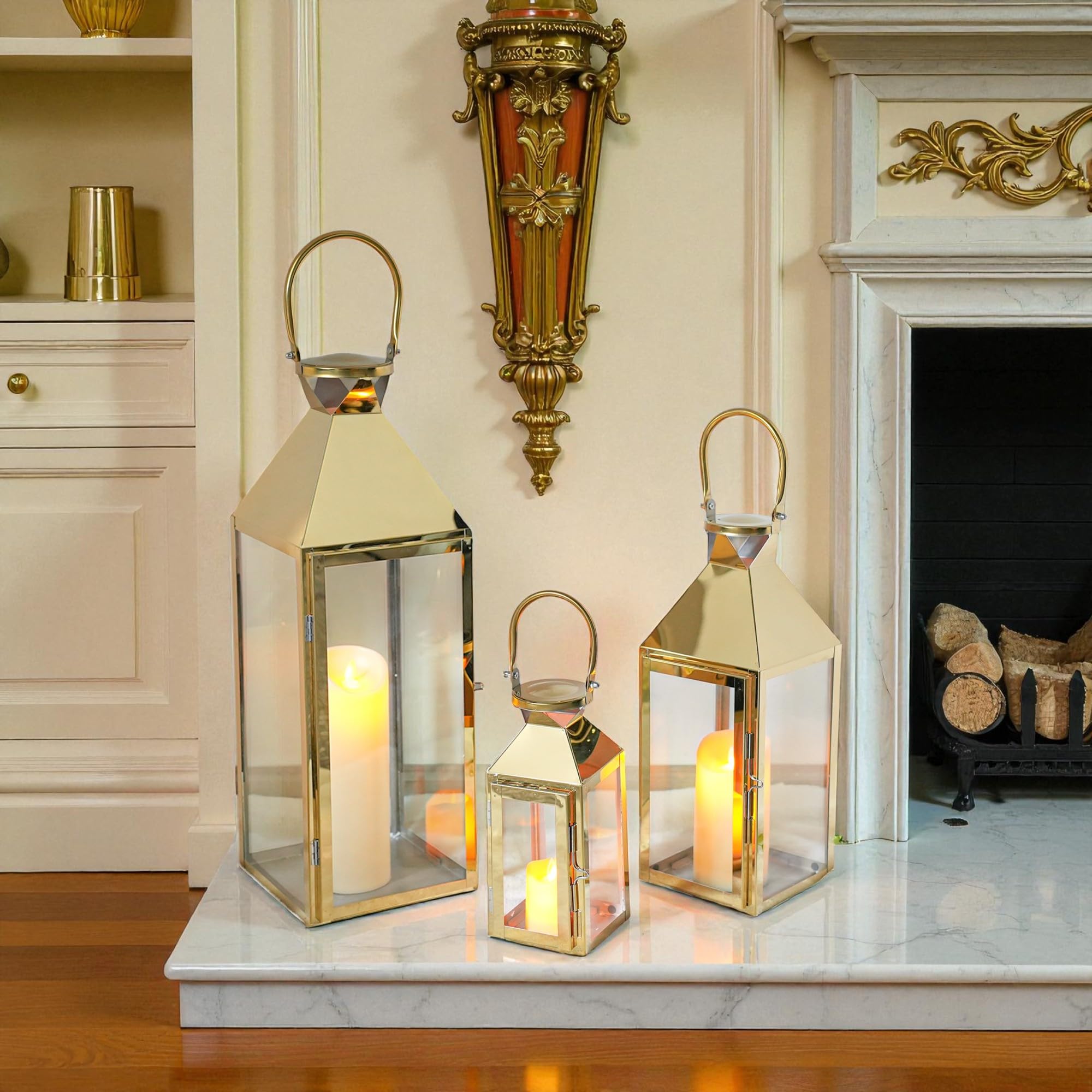 Set of 3 Stainless Steel Candle Lanterns 10/15.5/21.5''H